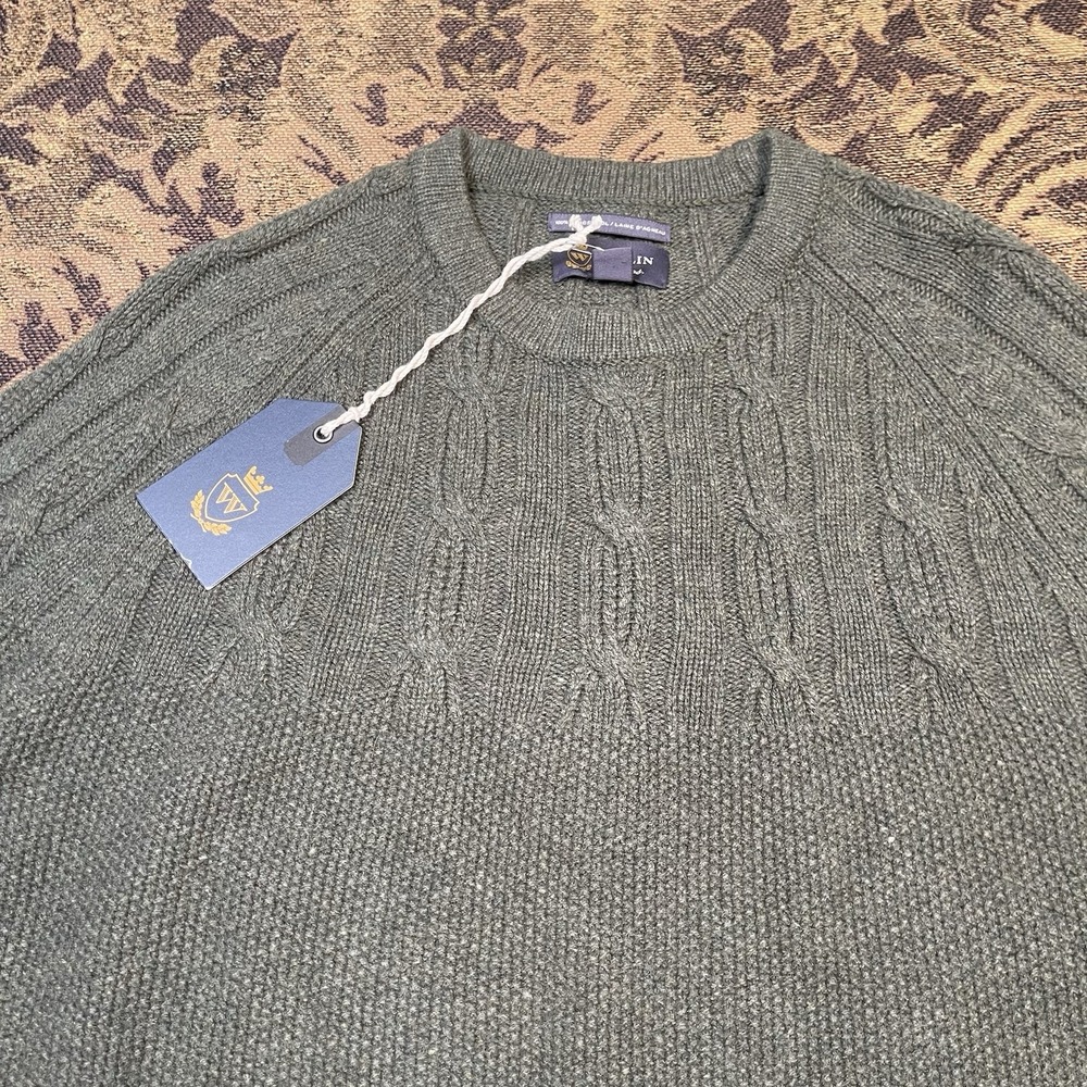 Wallin & Bros Sweater Mens Medium Green Crewneck 100% Lambswool Cable Knit New - Picture 2 of 10